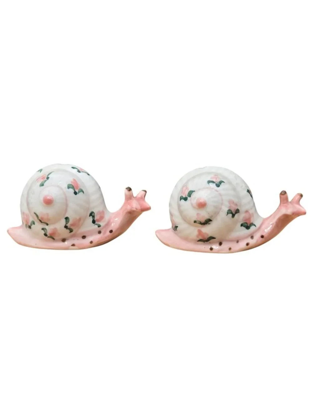 Vintage Snail Salt Pepper Shaker Set Pink Green Dots Floral Kitsch Whimsical